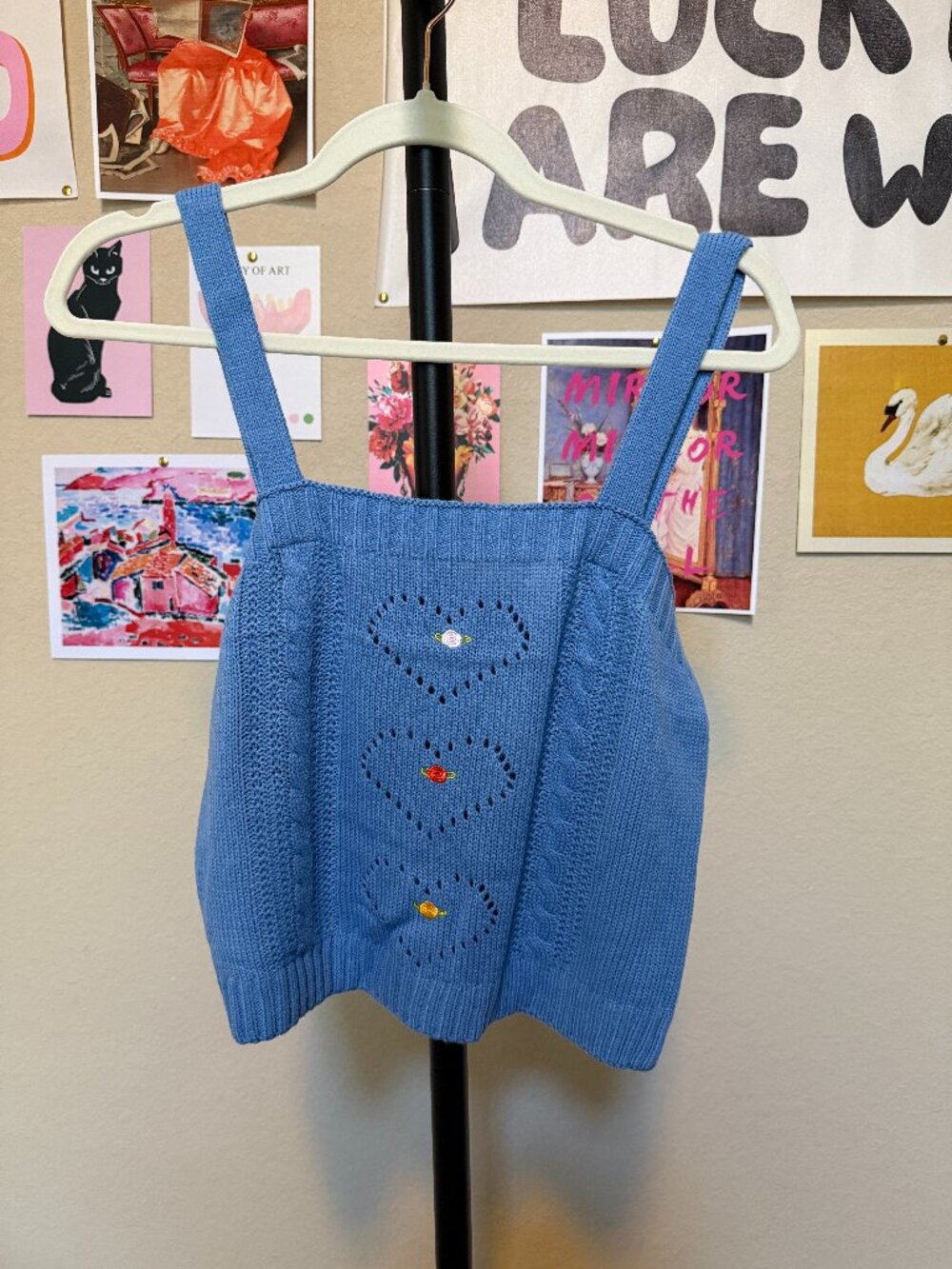 525 America Cable Knit Embroidered Heart Cami Tank Top Blue M NWT Revolve